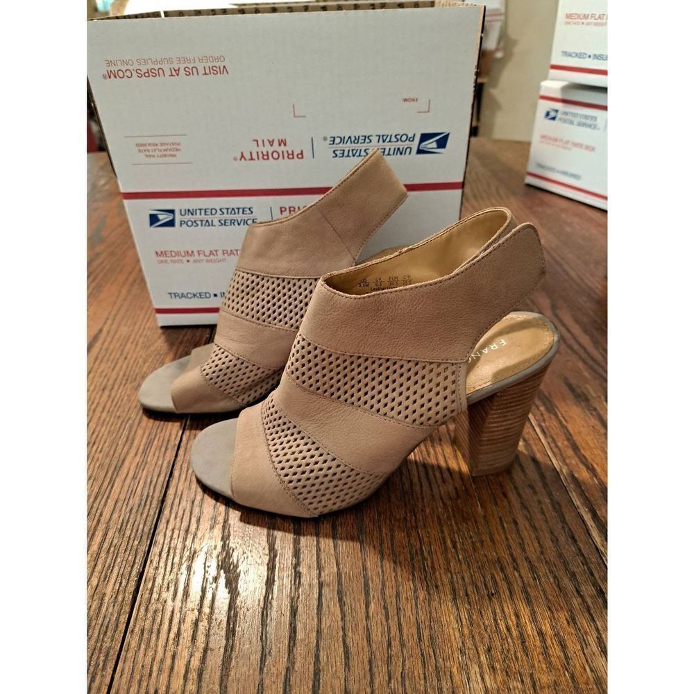 8.5 Franco Sarto Jalia Leather Tan Peep Toe Chunky High Heel Dress Shoes